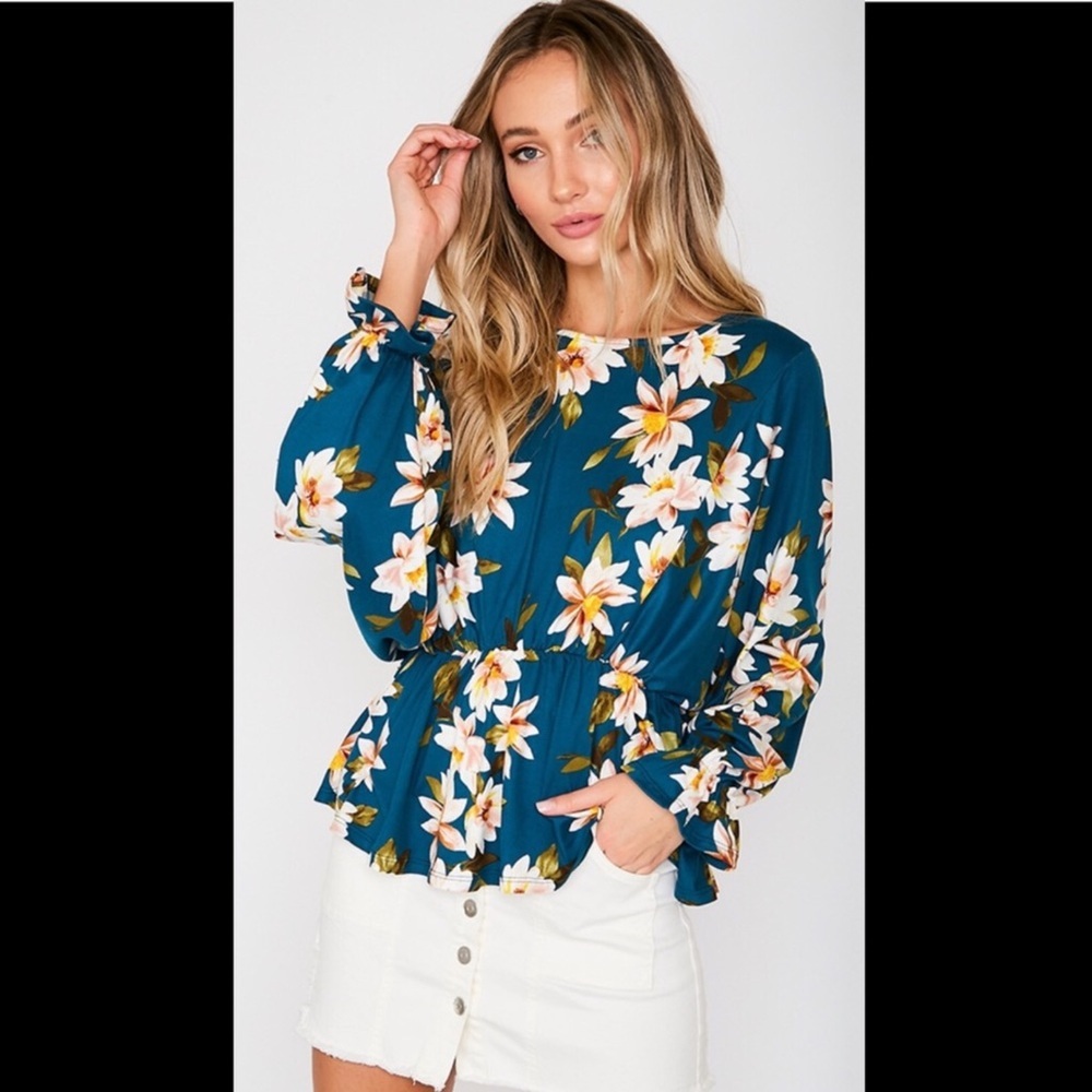 Dark teal floral print top with long sleev…